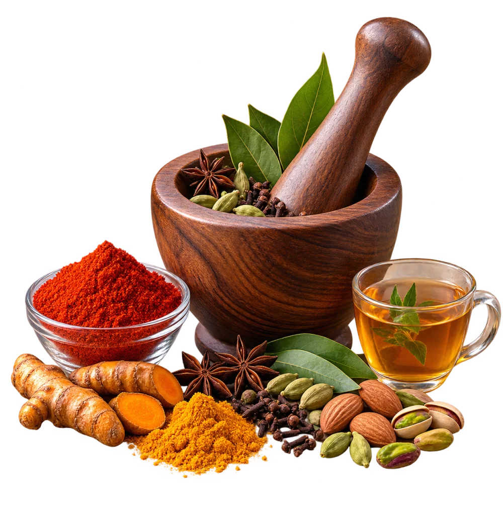 Mortar, spices, nuts and herbal tea representing thoughtful everyday rituals